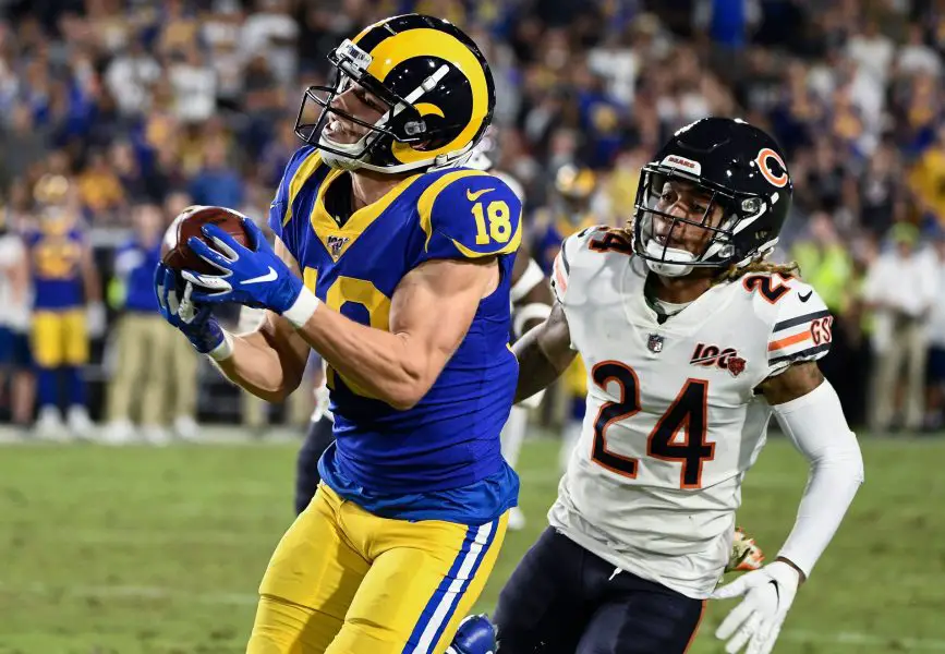  Los Angeles Rams wide receiver Cooper Kupp (18) hauls in a long pass form Los Angeles Rams quarterback Jared Goff (not pictured) in front of Chicago Bears cornerback Buster Skrine (24) in the 2nd quarter at Los Angeles Memorial Coliseum. 