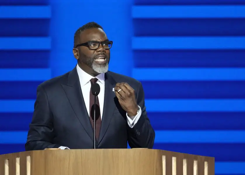 Chicago Mayor Brandon Johnson speaks during the first day of the Democratic National Convention at the United Center. The DNC program will feature President Joe Biden and Former Secretary of State Hillary Clinton during Monday's ceremonies.