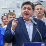 Chicago Bears target Gov. JB Pritzker speaks to supporters during a visit to Illinois Central College's Workforce Sustainability Center on his four-city re-election announcement tour