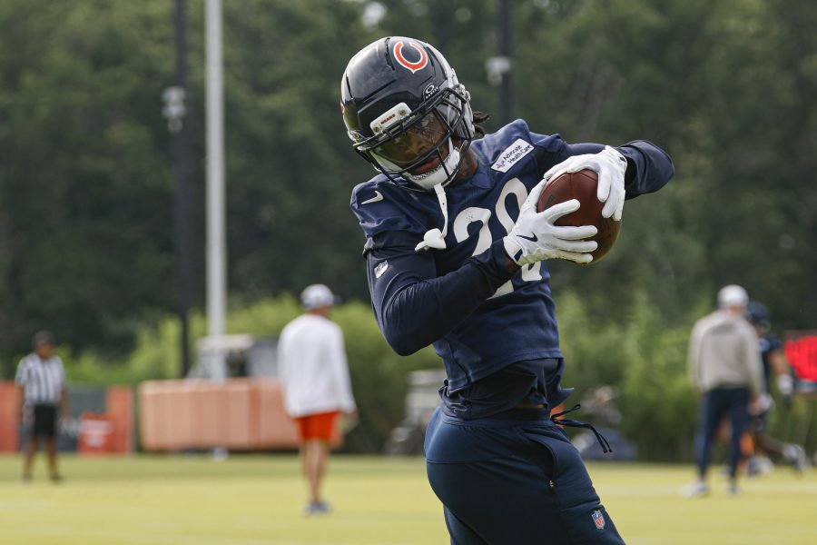 Chicago Bears wide receiver Jahdae Walker (20) catches the ball during training camp at Halas Hall. 