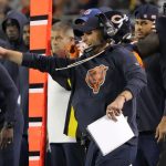 Chicago Bears head coach Ben Johnson reacts during the second half at Soldier Field.