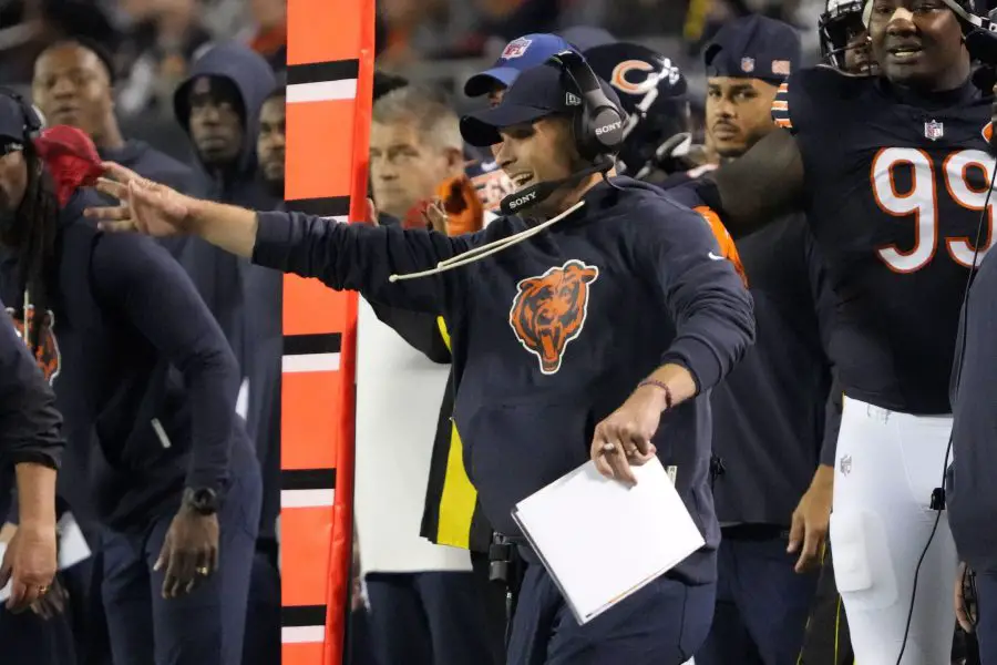 Chicago Bears head coach Ben Johnson reacts during the second half at Soldier Field.