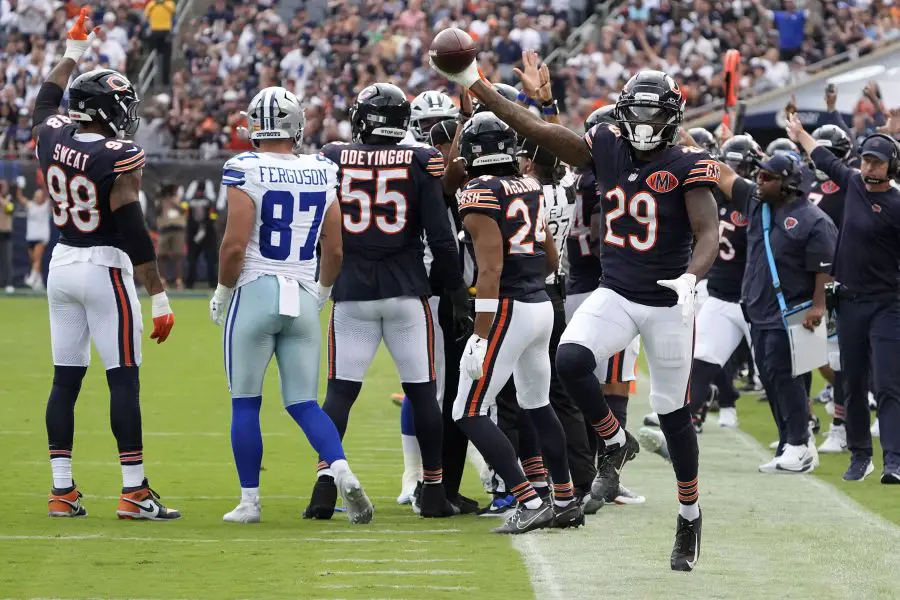 Chicago Bears cornerback Tyrique Stevenson (29) reacts after a turnover against the Dallas Cowboys during the first half at Soldier Field.